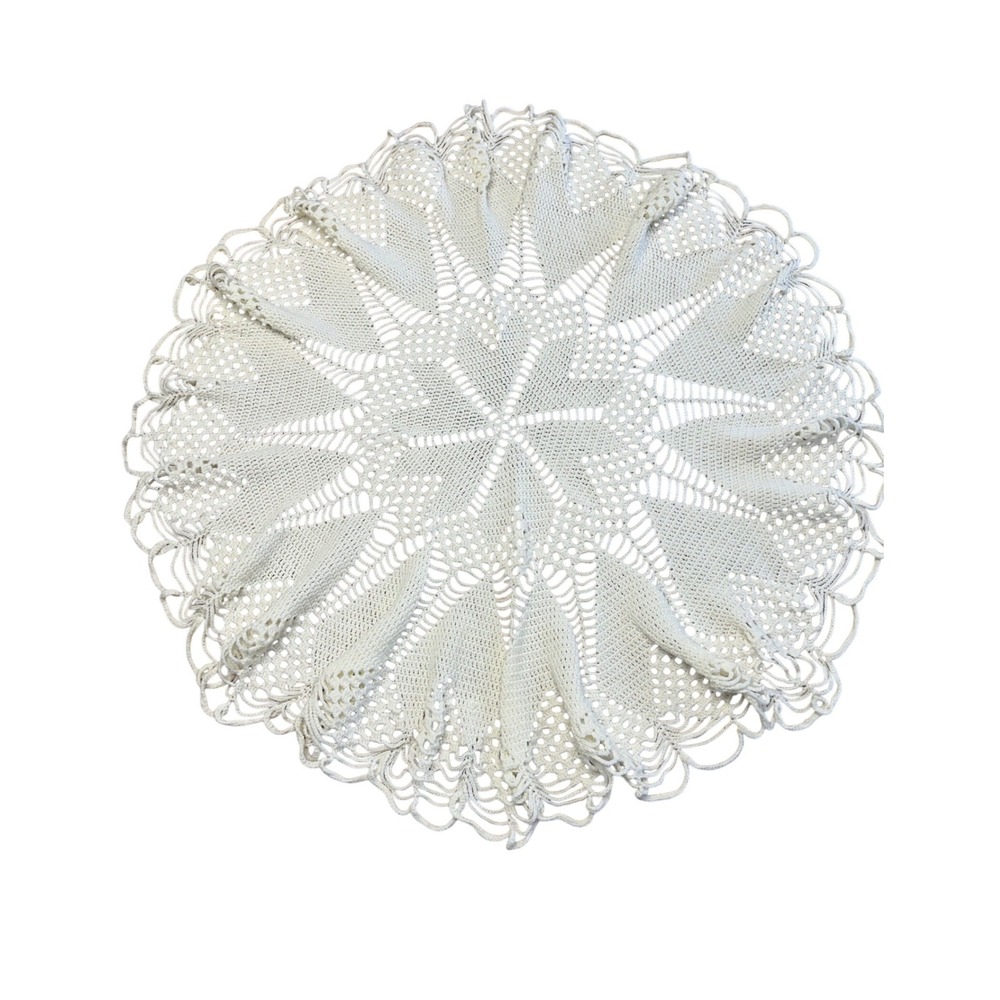 Cottagecore Vintage Handmade 36" White Round Crochet Starburst Lace Table Topper